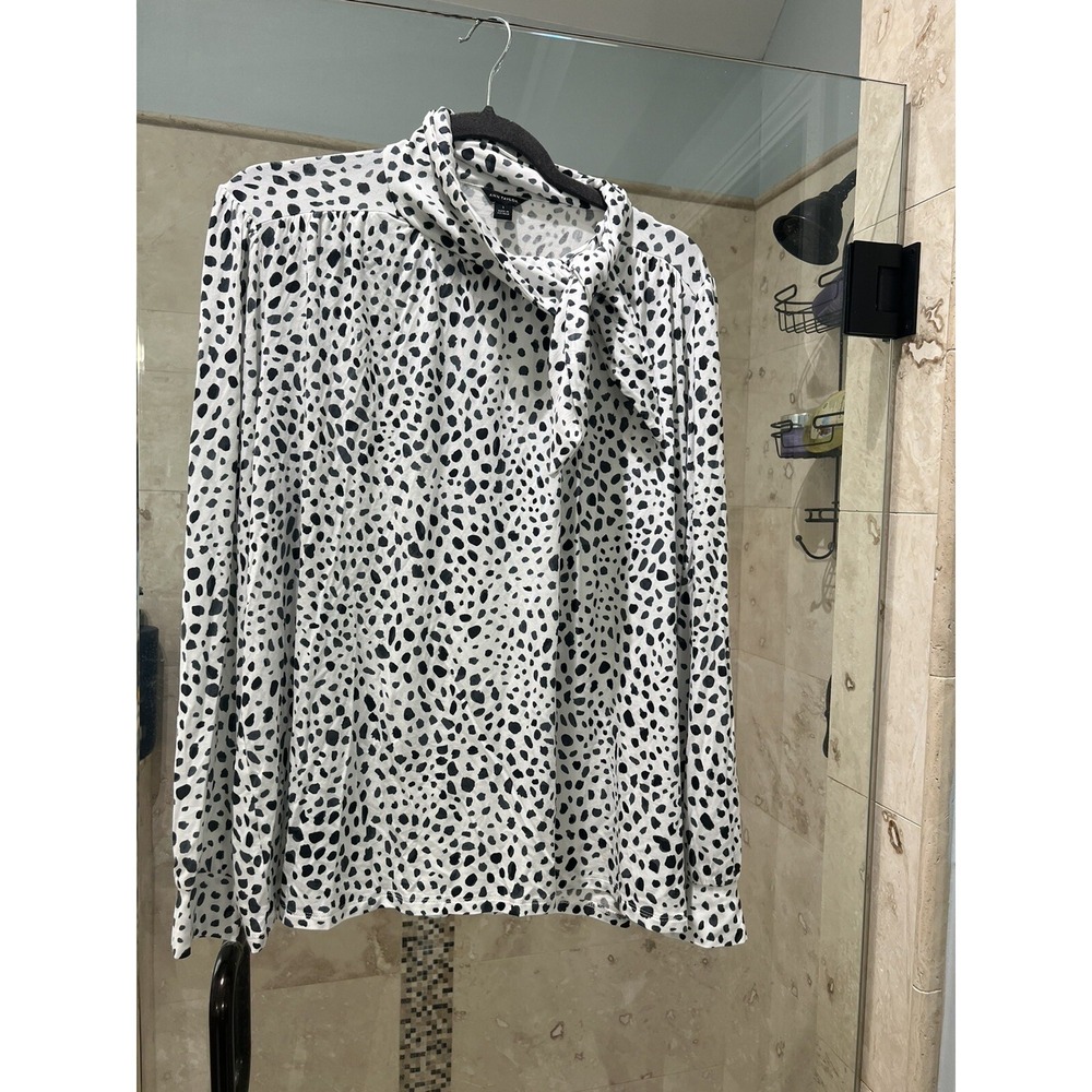Ann Taylor Women White Gray Animal Print Tie Neck Long Sleeve Blouse Top Sz L NW